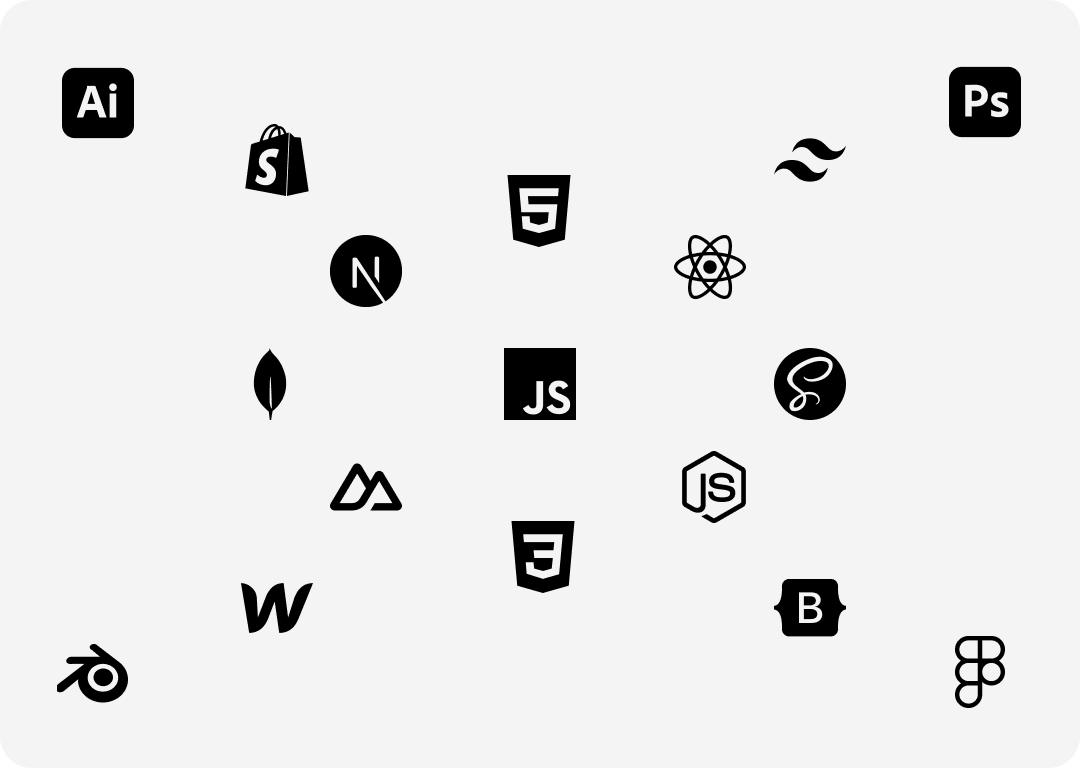 An Image of all the logos for the toolkits I use for making websites. Eg: next.js, react.js, webflow, shopify etc